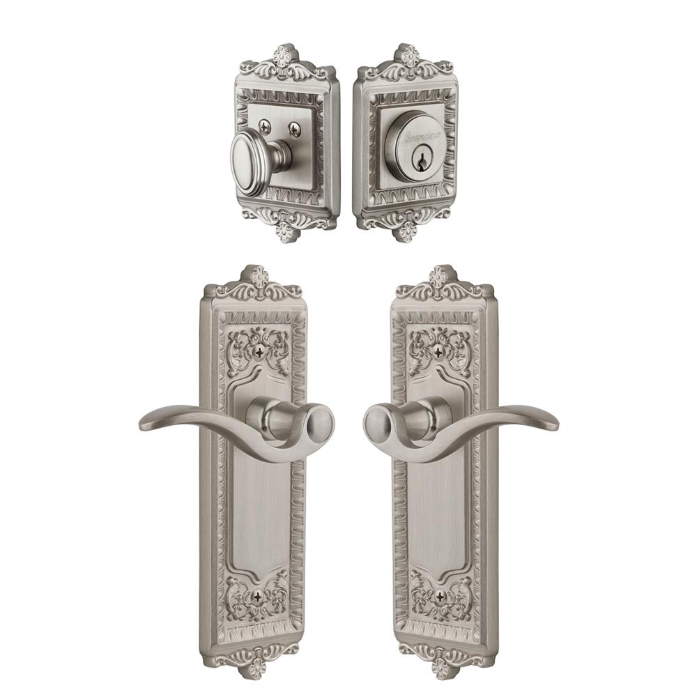 Grandeur by Nostalgic Warehouse Single Cylinder Combo Pack Keyed Differently - Windsor Plate with Bellagio Lever and Matching Deadbolt in Satin Nickel